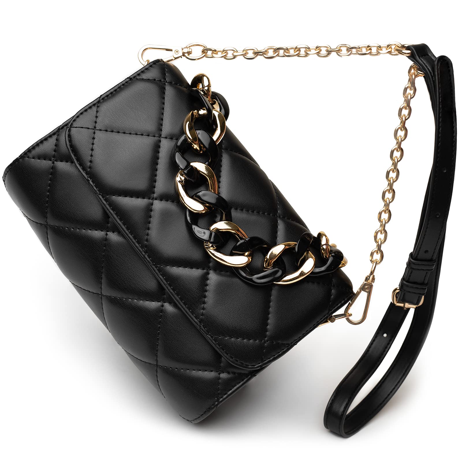 Before & Ever Small Quilted Black Crossbody Bag for Women with Gold Chain - Elegant Clutch Purse for Evening Parties, Date Nights & Daily Use