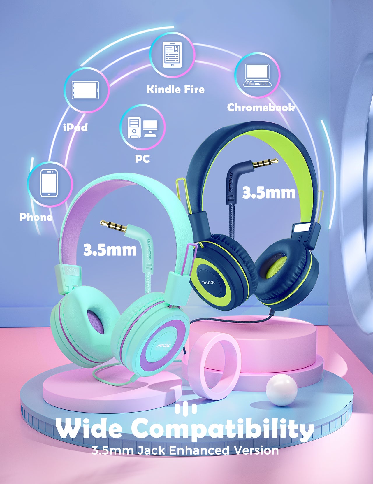 Mpow CH8 Kids Headphones with Microphone, 2 Pack - Volume Limited Safe Headphones for Children, Wired Over-Ear Headset for Online Learning, Gaming, and Travel