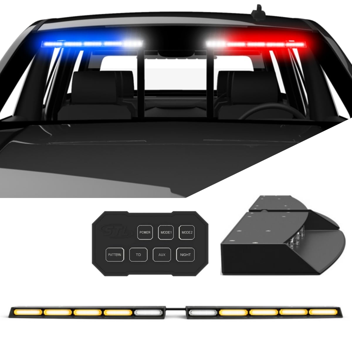 SpeedTech Raptor TIR LED Strobe Light Bar - Amber Emergency Vehicle Interior Windshield Visor Light with Bracket & Control Box for Police, Security & First Responders | Perfect for Night Patrols, Roadside Assistance & Emergency Signaling