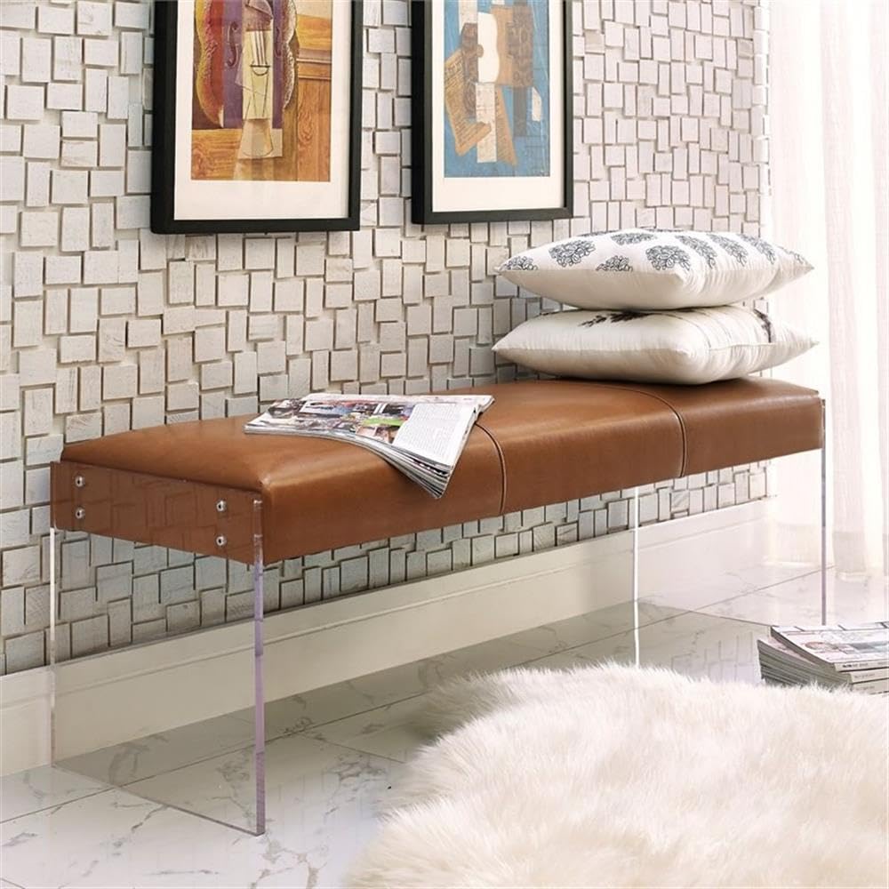TOV Furniture Envy Leather/Acrylic Bench - Modern Brown Leather Seat with Acrylic Legs for Living Room, Bedroom & Entryway Decor