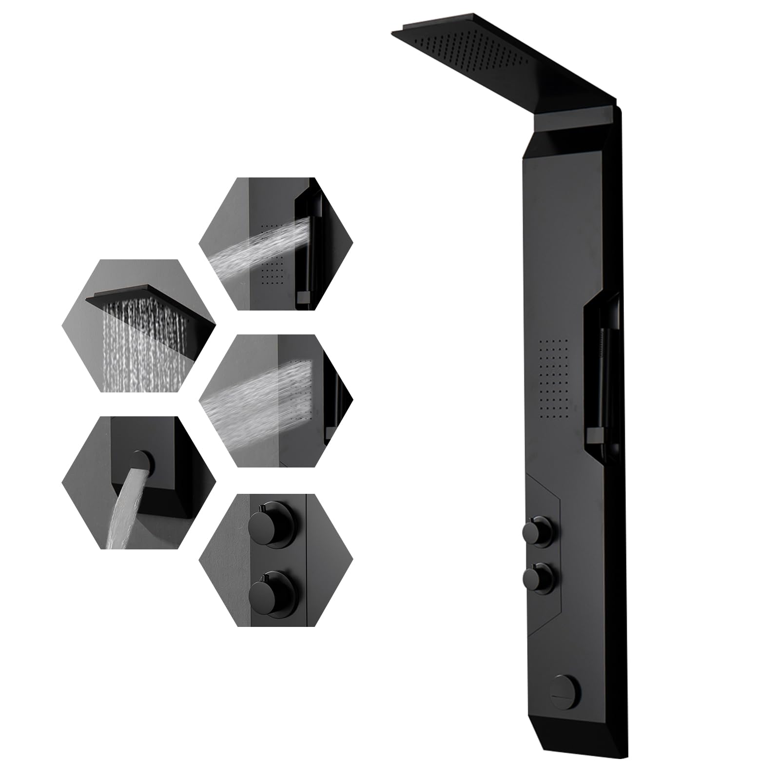 BWE Matte Black 304 Stainless Steel Shower Panel Tower System - Rainfall Shower Head, Body Jets & Handheld Spray - Modern Multi-Function Bathroom Upgrade for Spa-Like Experience at Home