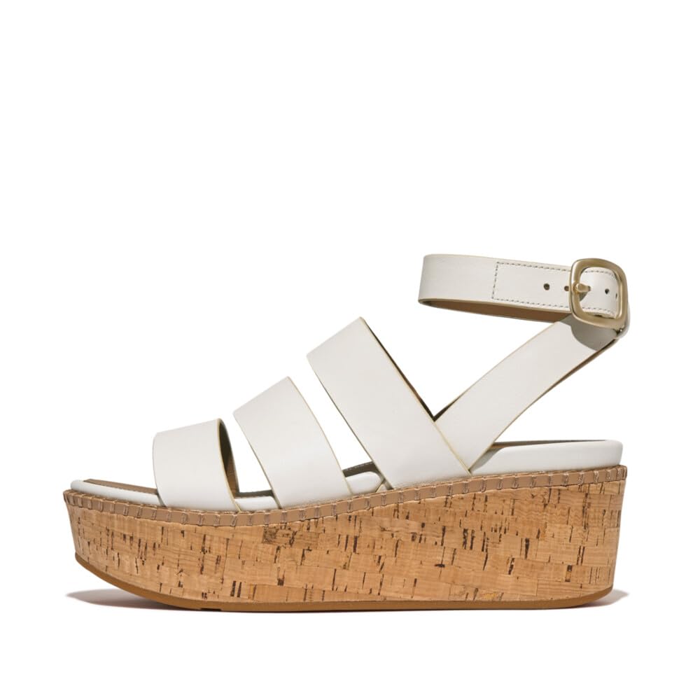 FitFlop Women's Eloise Leather & Cork Strappy Wedge Sandals - Comfortable & Stylish Summer Shoes for Walking, Travel & Casual Outfits