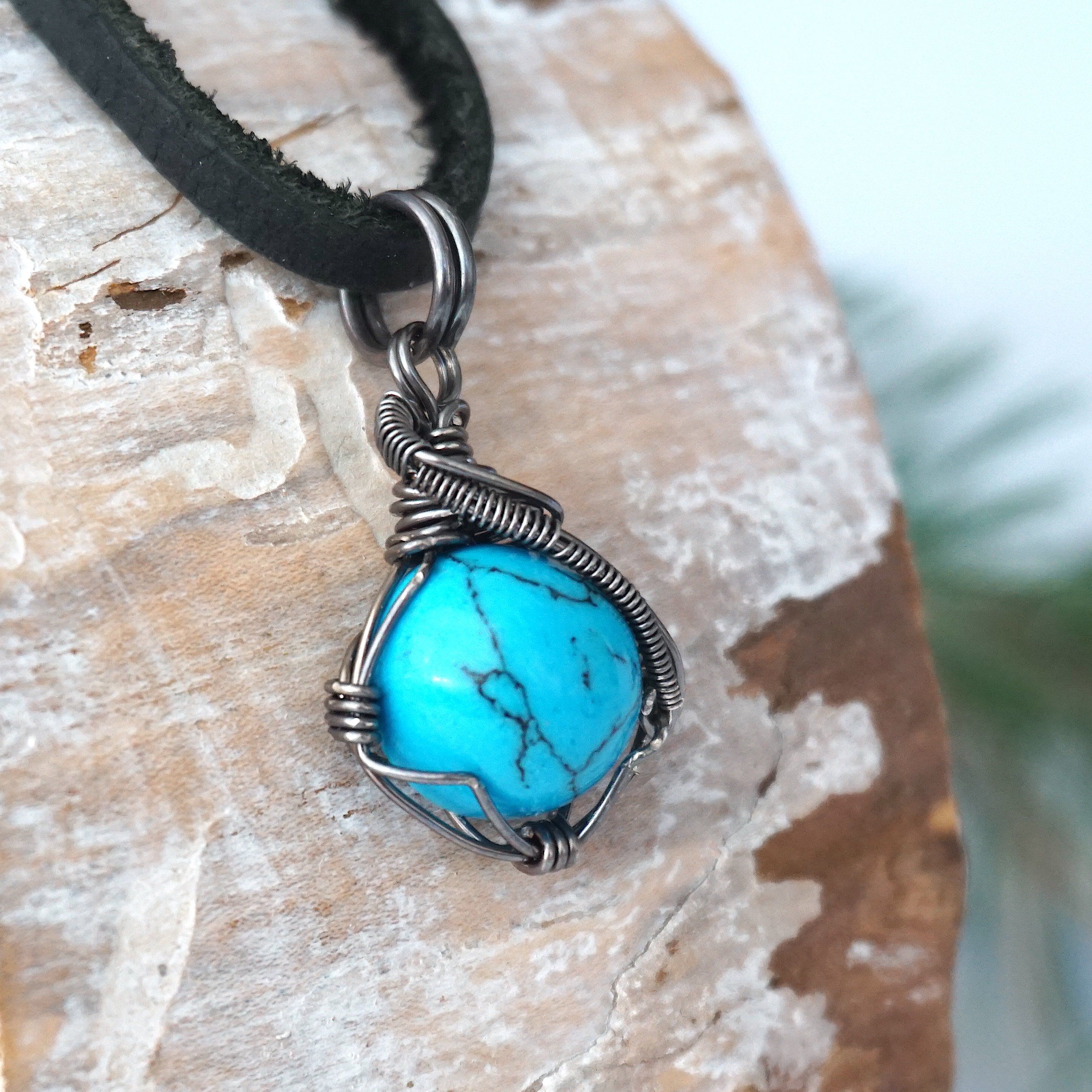 Turquoise Charm Necklace - Antiqued Sterling Silver Pendant with Black Leather Cord - Perfect for Boho Jewelry, Casual Wear & Gift Giving