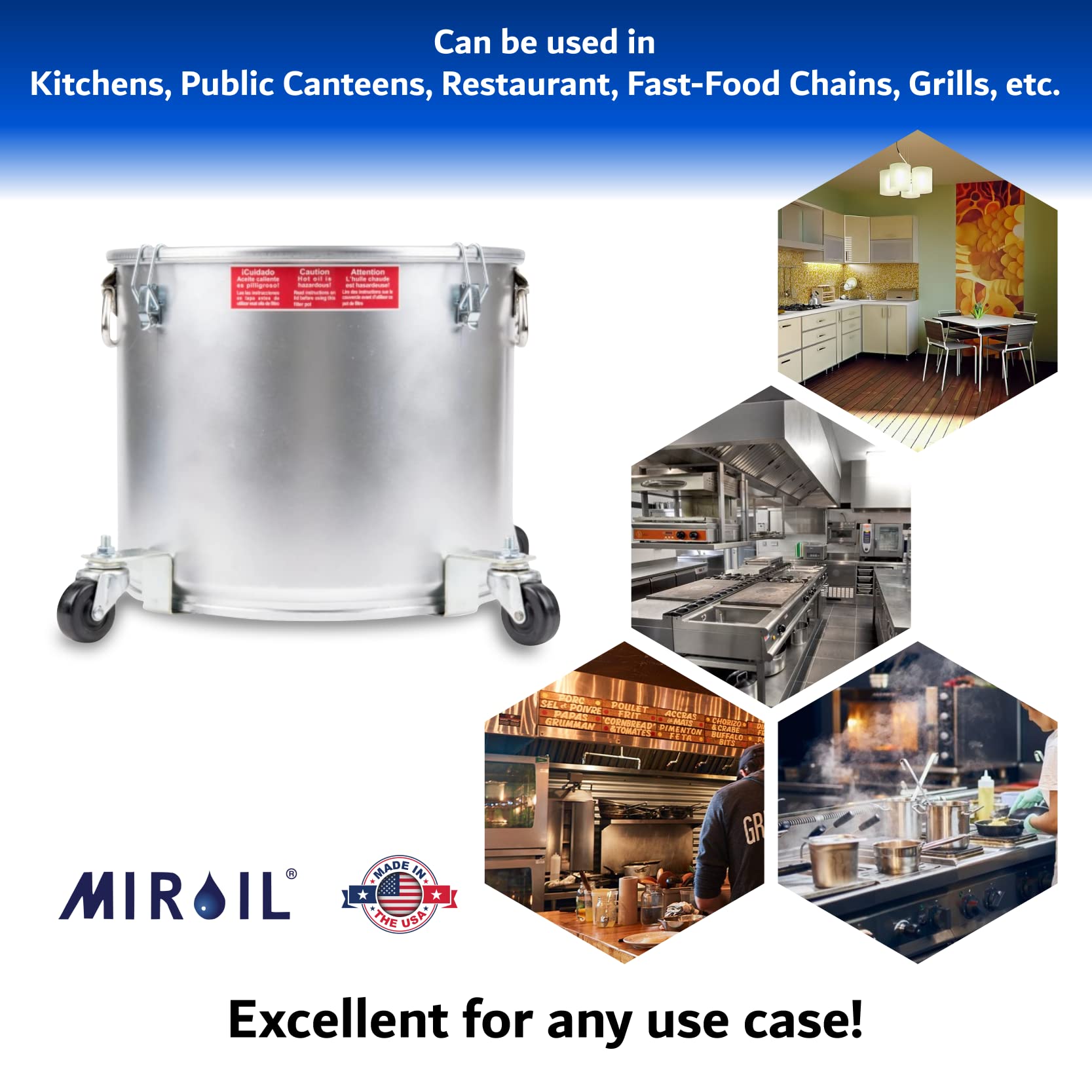 MirOil 5 Gallon Oil Disposal Caddy with Caster Wheels - 35lb Frying Oil Storage Container with Locking Lid & Clips - Heavy Duty Grease Bucket for Hot Cooking Oil - Ideal for Restaurants, Food Trucks & Home Kitchens