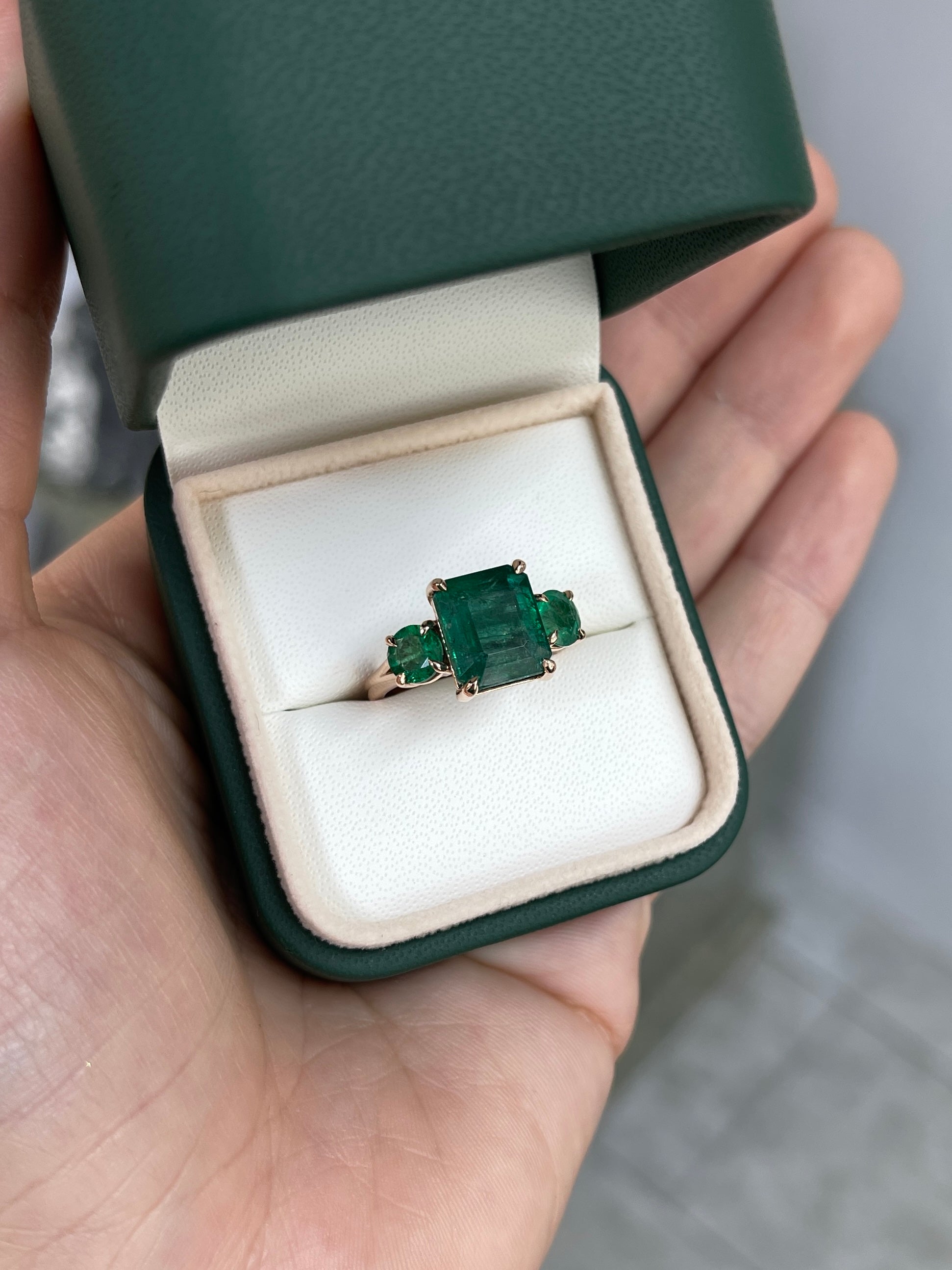 6.90tcw Natural Emerald Gemstone - Emerald Cut & Round Cut Three Stone 14K Rose Gold Engagement Ring for Women | Elegant Wedding, Anniversary & Proposal Jewelry Gift