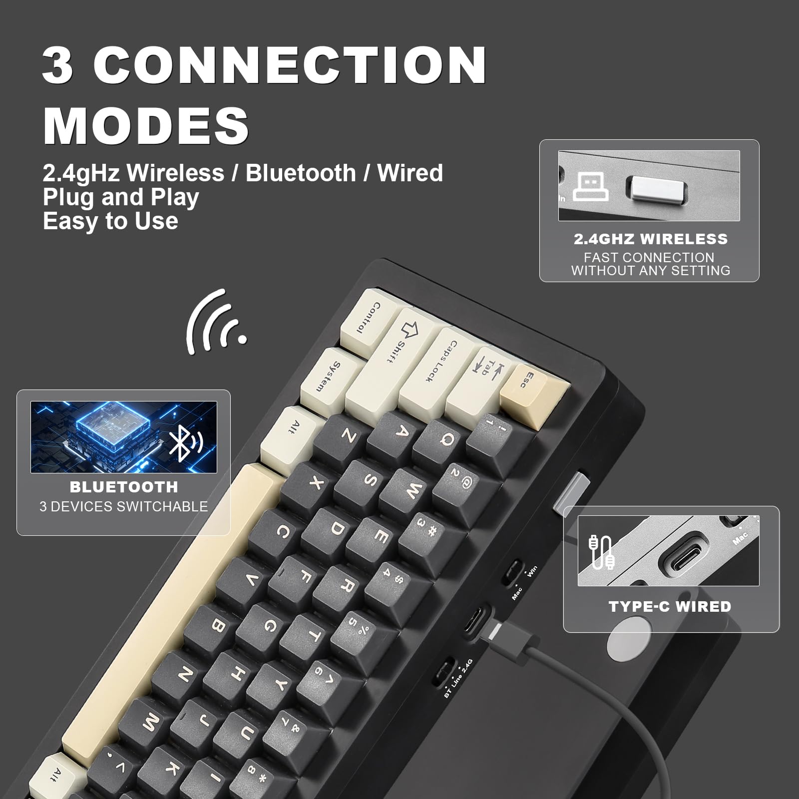 YUNZII AL71 68% Mechanical Keyboard - Full Aluminum CNC Frame, Hot-Swappable Gasket Mount, 2.4GHz Wireless/BT5.0/USB-C Wired, NKRO Programmable RGB Backlit Keyboard with Creamy White Switches for Windows/Mac (Black) - Perfect for Gaming, Office Work & Typing Enthusiasts