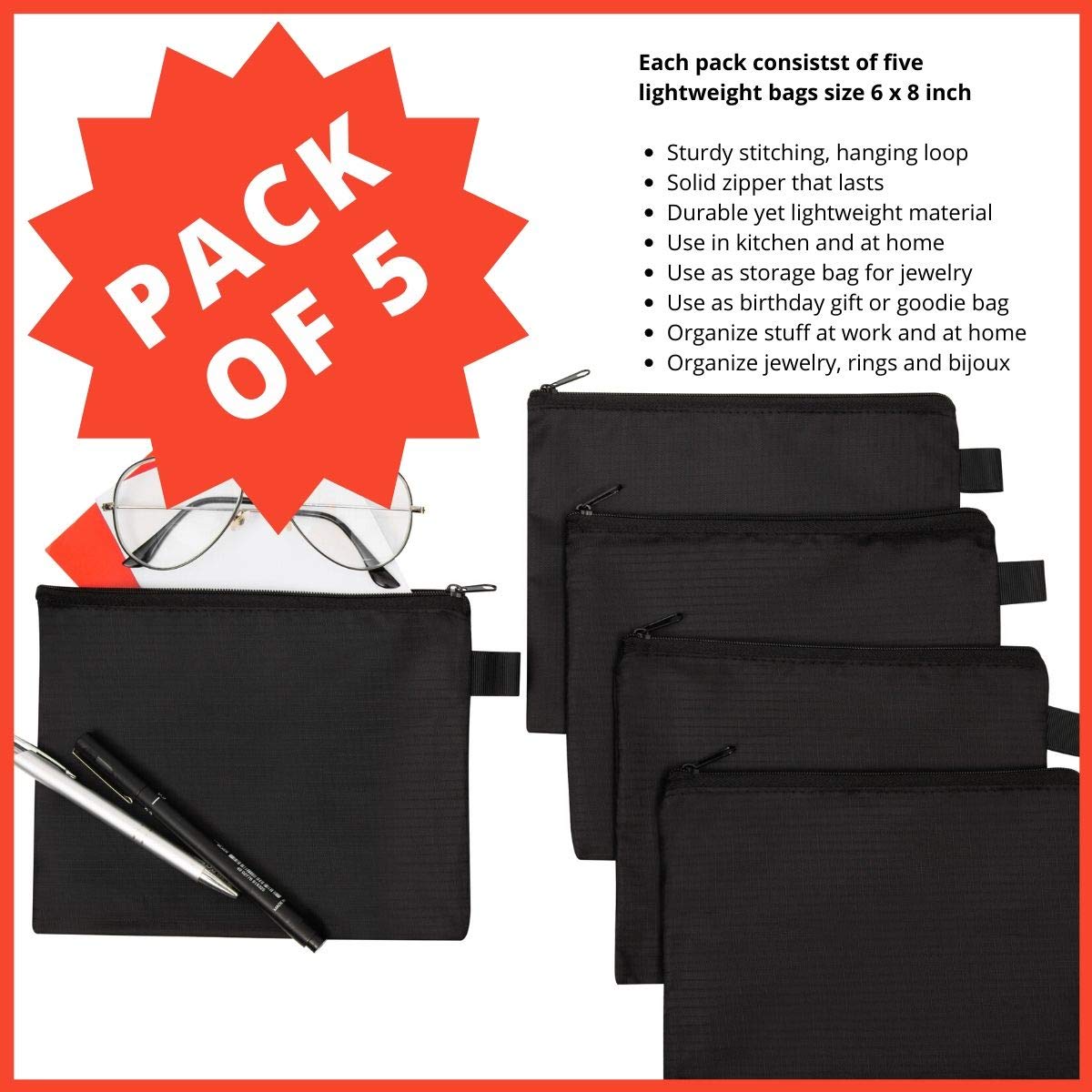 5-Pack Black Zipper Pouch Set (8x6 Inches) - Waterproof Travel Organizer for Toiletries, Cosmetics, Pens & Office Supplies - Perfect for Travel, Home & Office Organization