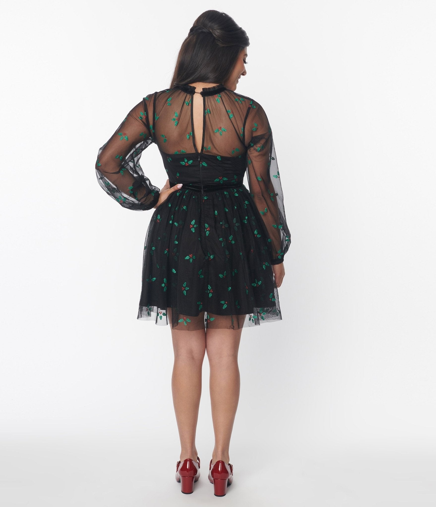 Vintage Black & Glitter Mistletoe Flare Dress for Women - Holiday Party, Christmas Dinner & Festive Occasions