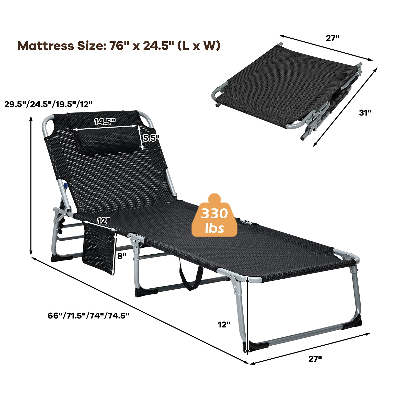 Tangkula 4-Position Folding Chaise Lounge Chair with Mattress & Pillow - Tri-Fold Portable Reclining Chair with Side Pocket, Supports 330 lbs - Perfect for Beach, Pool, Camping, Patio, Backyard & Indoor Relaxation (Black)
