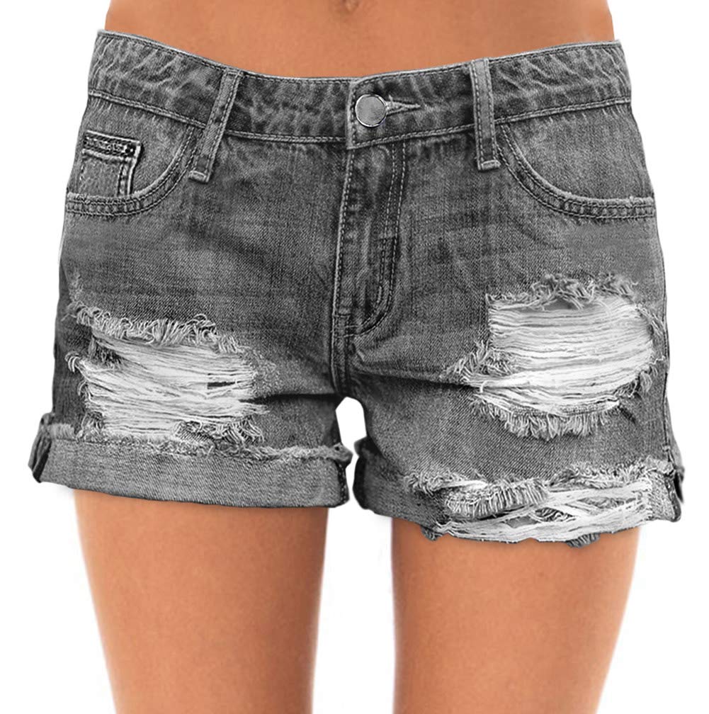 Roswear Women's Ripped Mid Rise Stretchy Denim Shorts - Comfortable Distressed Jean Shorts for Casual Wear, Summer Outfits & Street Style Fashion