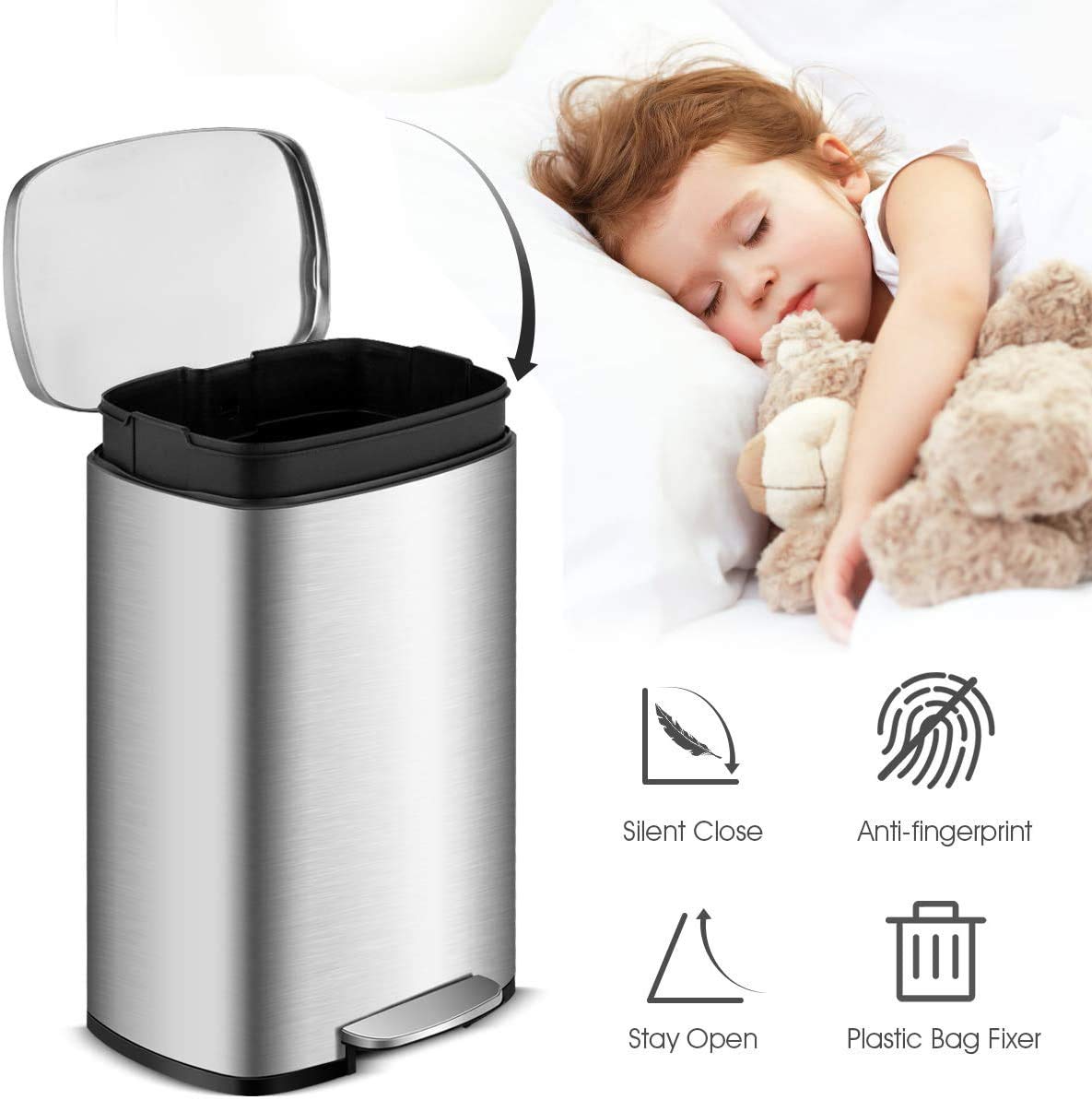 Stainless Steel Step Trash Can with Freshener System - Airtight Rectangular Garbage Bin for Kitchen, Office, Home - Includes Plastic Inner Buckets & Hinged Lids - Perfect for Odor Control and Waste Management in Small Spaces (Silver)