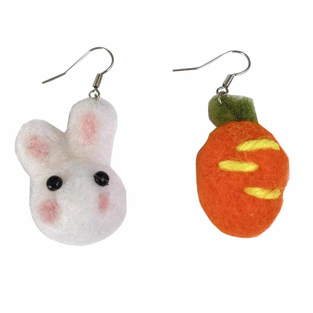 Cute Bunny Rabbit Carrot Asymmetric Dangle Drop Earrings - Handmade Pom Pom Faux Fur Earrings for Women & Girls - Perfect Holiday Jewelry & Festival Gift for Christmas, Easter, Birthday Parties