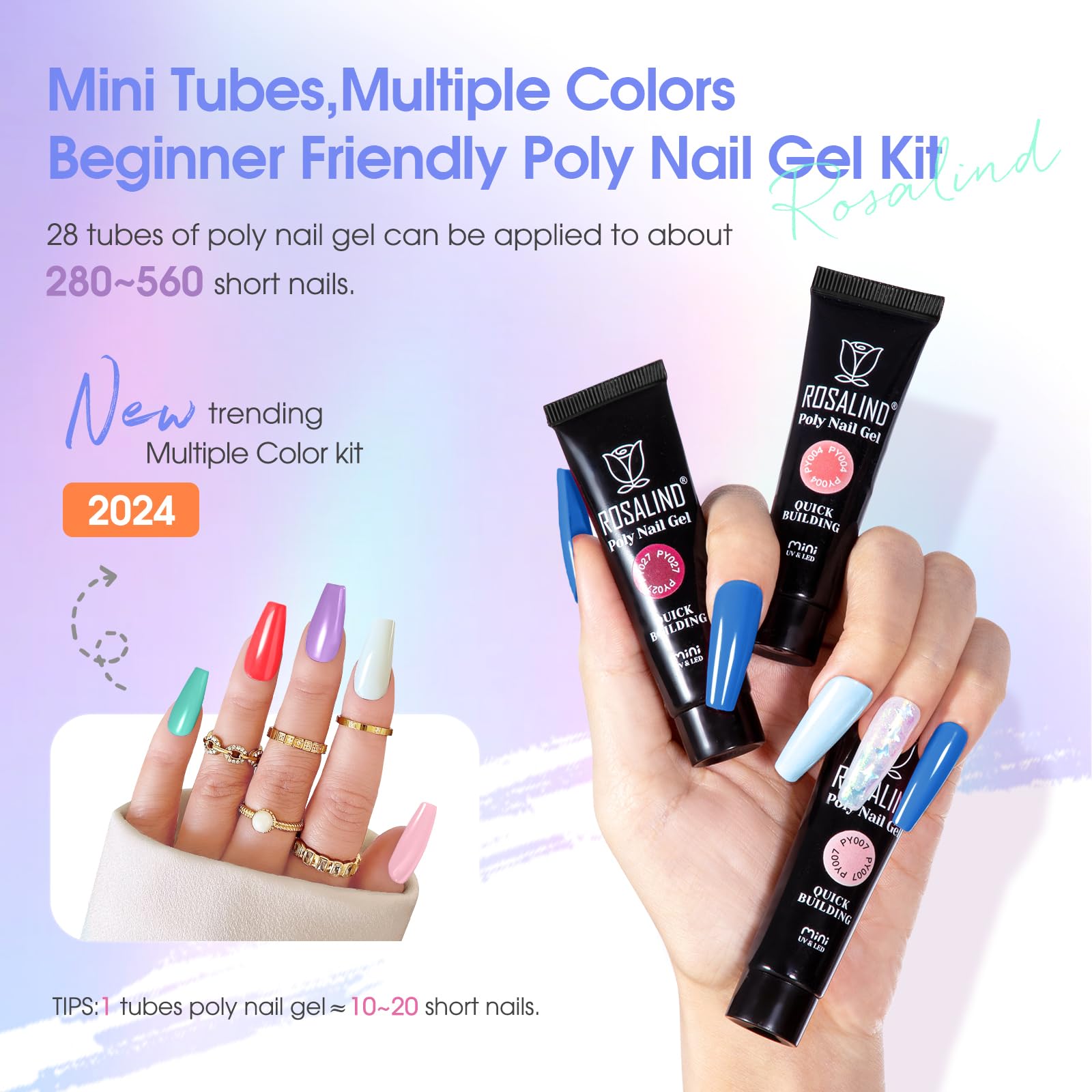 ROSALIND 28 Colors Poly Nail Gel Kit with Mini UV Lamp - Professional Clear & Neon Gel Polish Starter Set for DIY Nail Art | Perfect for Beginners, Halloween, Spring & Summer Manicures | Home Salon & Party Nail Care Essentials