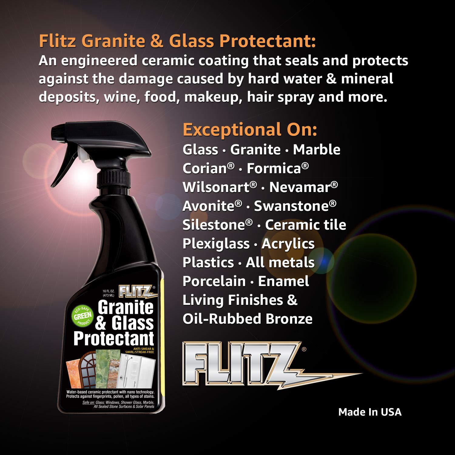 Flitz Granite & Glass Protectant - Advanced Ceramic Sealer for Countertops, Glass, Stainless Steel Appliances - 16 oz Water-Based Formula - Protects Against Fingerprints, Stains & Scratches - Perfect for Kitchen Countertops, Bathroom Vanities & Outdoor Furniture