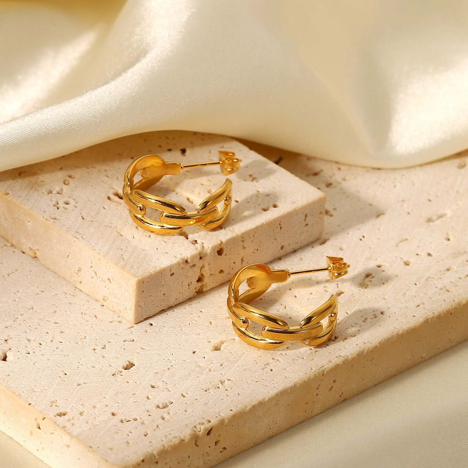18K Gold Plated Hollow Connected Chain C Hoop Earrings & Ring Set - Trendy Jewelry for Women | Perfect for Parties, Weddings & Everyday Wear | JDE835