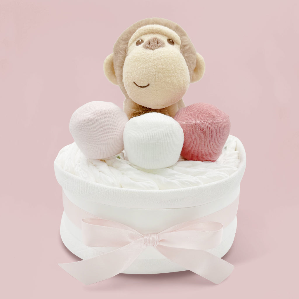 Morris Monkey Diaper Cake - Pink Baby Shower Gift for Girls | Unique Newborn Gift Idea for Showers & Celebrations