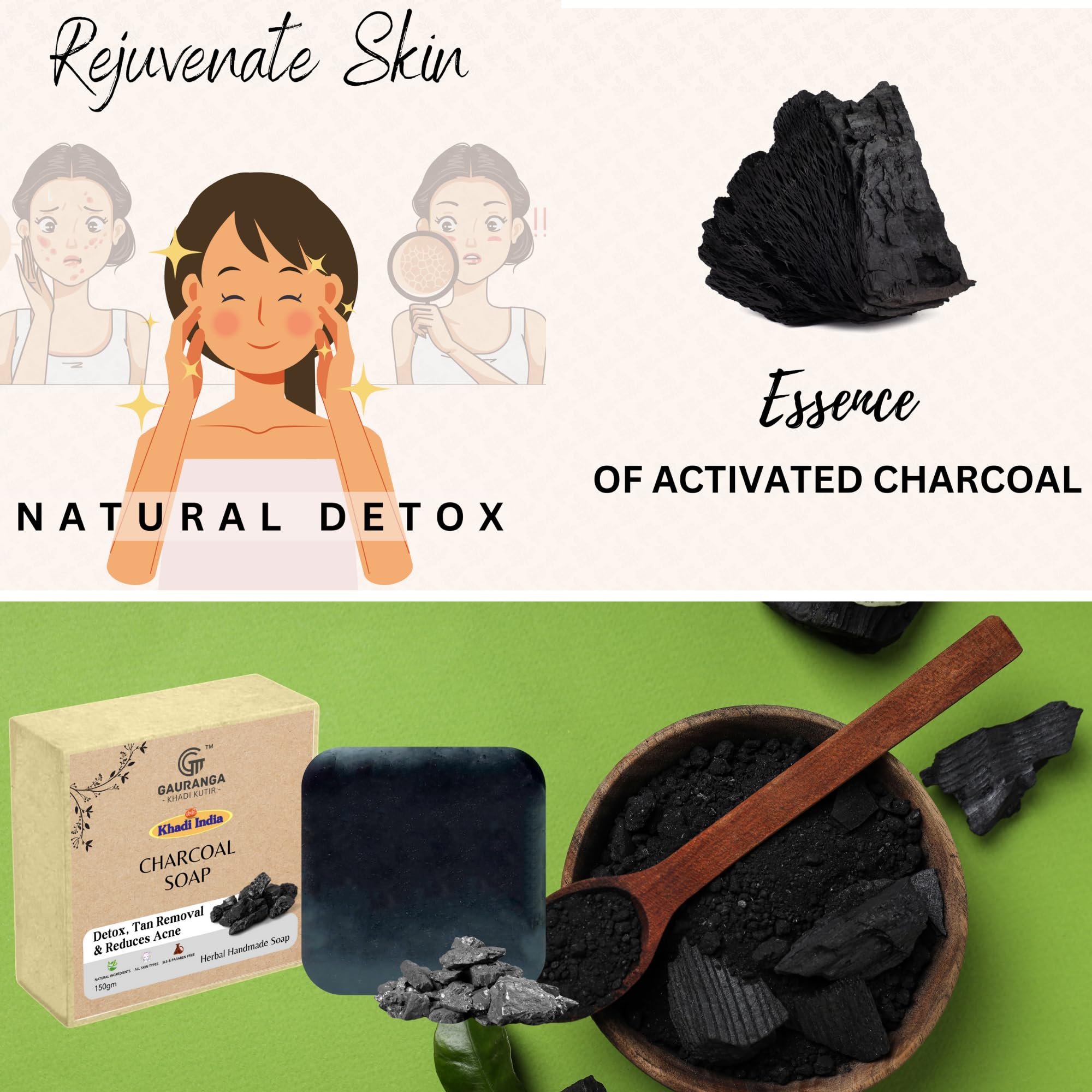 Khadi Activated Charcoal & Tea Tree Oil Soap - 3 Pack (75g Each) for Acne-Free, Bright Skin | Natural Detox & Tan Removal Face & Body Wash | Perfect for Daily Skincare & Deep Cleansing Routine