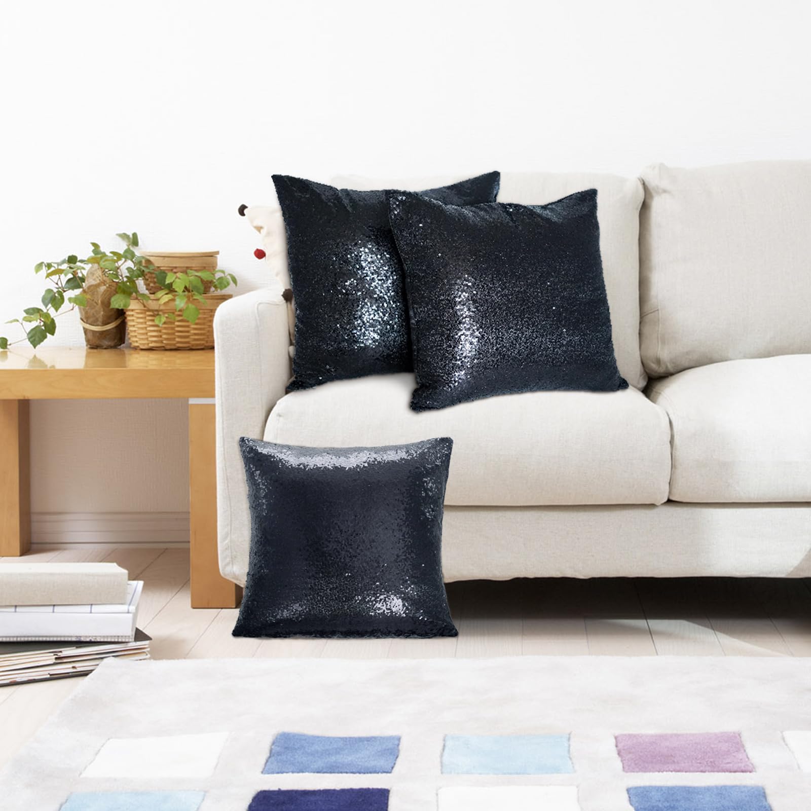 Eternal Beauty Set of 2 Black Sequin Decorative Pillow Covers 20x20 Inches - Luxury Throw Pillows for Sofa, Couch & Bed Decor - Perfect for Living Room, Bedroom & Home Styling