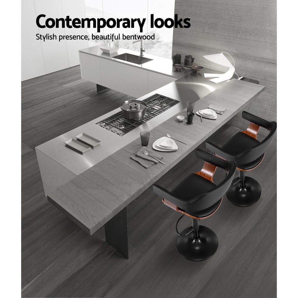 Artiss Adjustable Height Bar Stools with Gas Lift Mechanism, PU Leather Upholstery and Armrests - All Black - Perfect for Kitchen Islands, Home Bars and Counter Height Dining