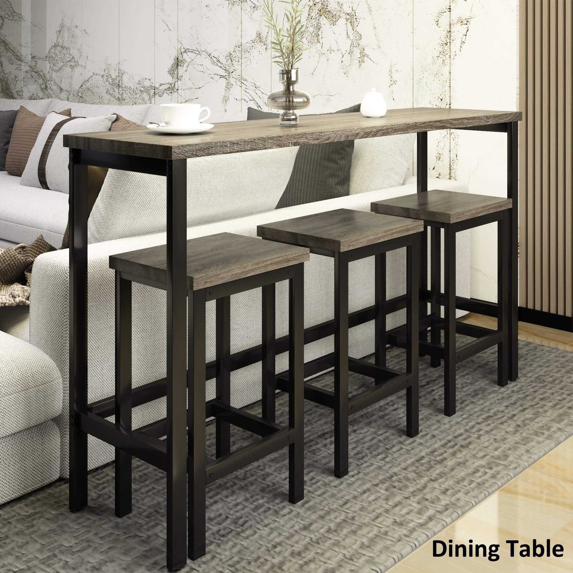 4-Piece Counter Height Extra Long Dining Table Set with 3 Stools - Gray Bar Table Set with Footrest for Pub, Kitchen & Small Space Dining - Perfect for Breakfast Nook, Apartment & Condo Living