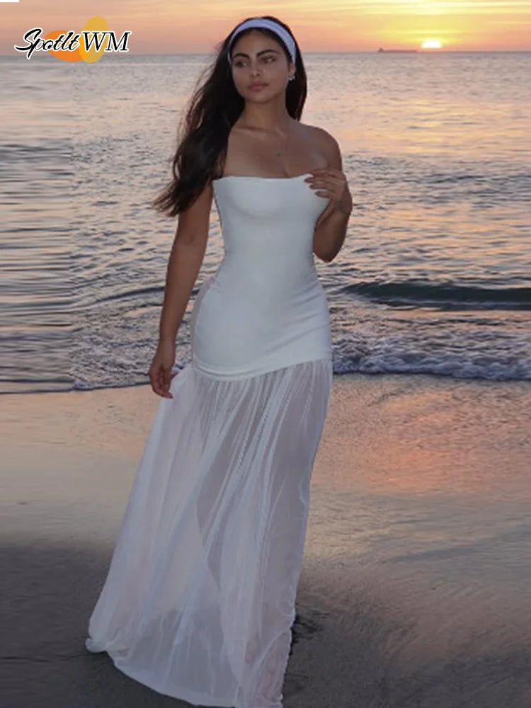 Elegant White Gauze Off-Shoulder Long Dress for Women - Sleeveless Backless A-Line Vestidos 2025 New Fashion Beach Cover Up - Perfect for Summer Vacations, Beach Parties, and Boho Photoshoots
