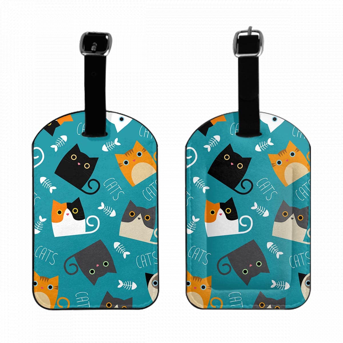 Cute Cat Luggage Tags - Adorable Kitten & Fish Bone Design, Blue Colorful Privacy Cover ID Label with Strap & Address Card for Travel Bags & Suitcases (1 Pack) - Perfect for Air Travel, Vacation & Lost Luggage Prevention