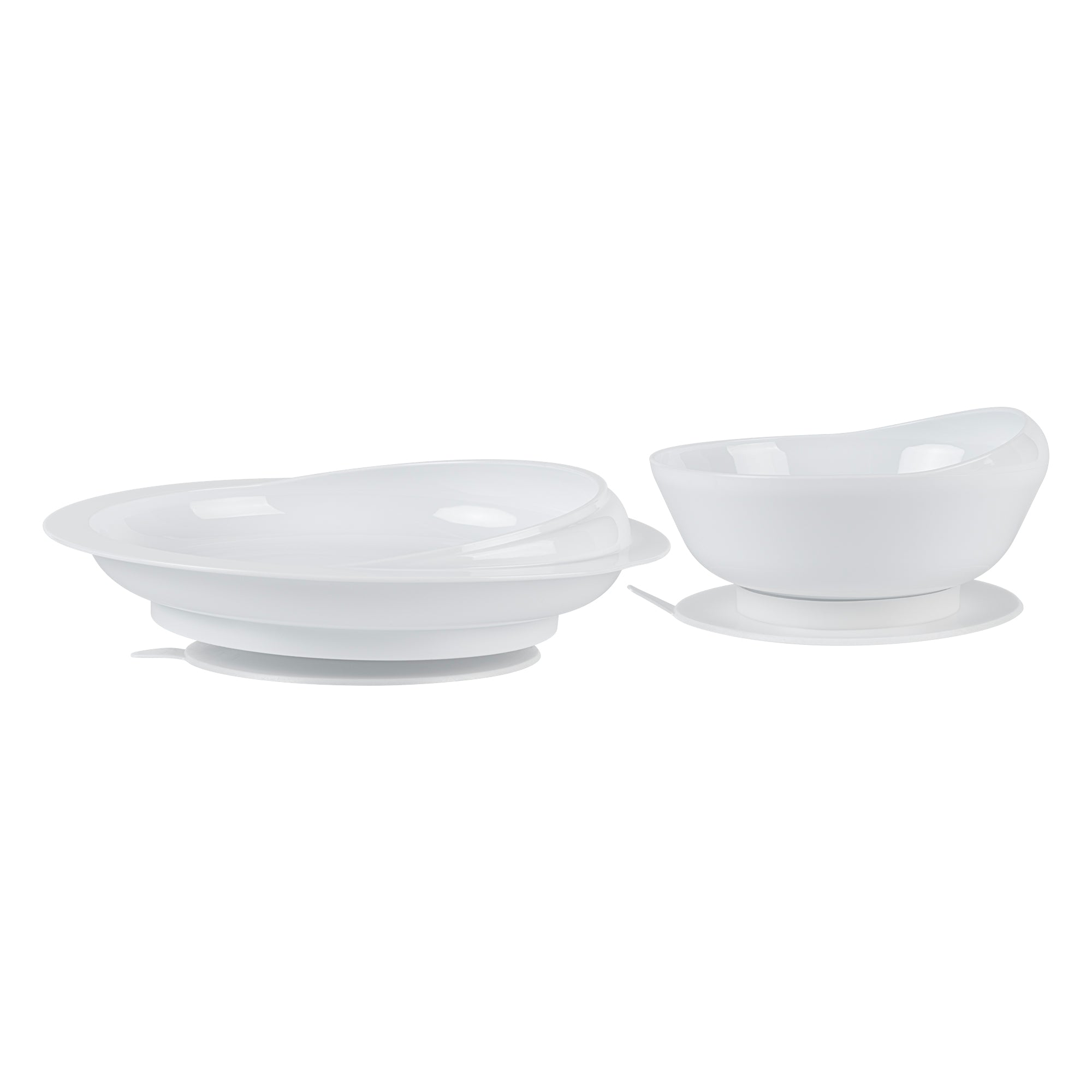 Adapt Tek Round White Plastic 2-Piece Scoop Plate & Bowl Set with Spillproof Design & Suction Base - Includes 1 Plate + 1 Bowl - Perfect for Babies, Toddlers & Kids Mealtime at Home or Travel