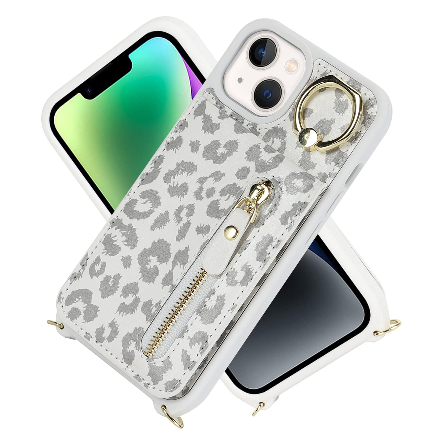 iPhone 13 Phone Case with Card Holder & Strap - Women's Crossbody Bag with Ring Stand & Zipper Wallet - White Leopard Print - Perfect for Travel, Shopping & Everyday Use