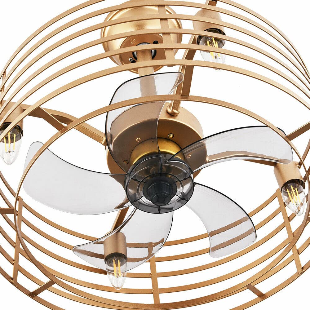 20 Inch Industrial Caged Ceiling Fan with Light - 3 Speed Adjustable, Remote Control, Bladeless Design for Kitchen, Bedroom, Living Room & Farmhouse - Gold Finish (4xE12 Base, Bulbs Not Included) - Perfect for Modern Farmhouse Decor and Air Circulation in Large Spaces