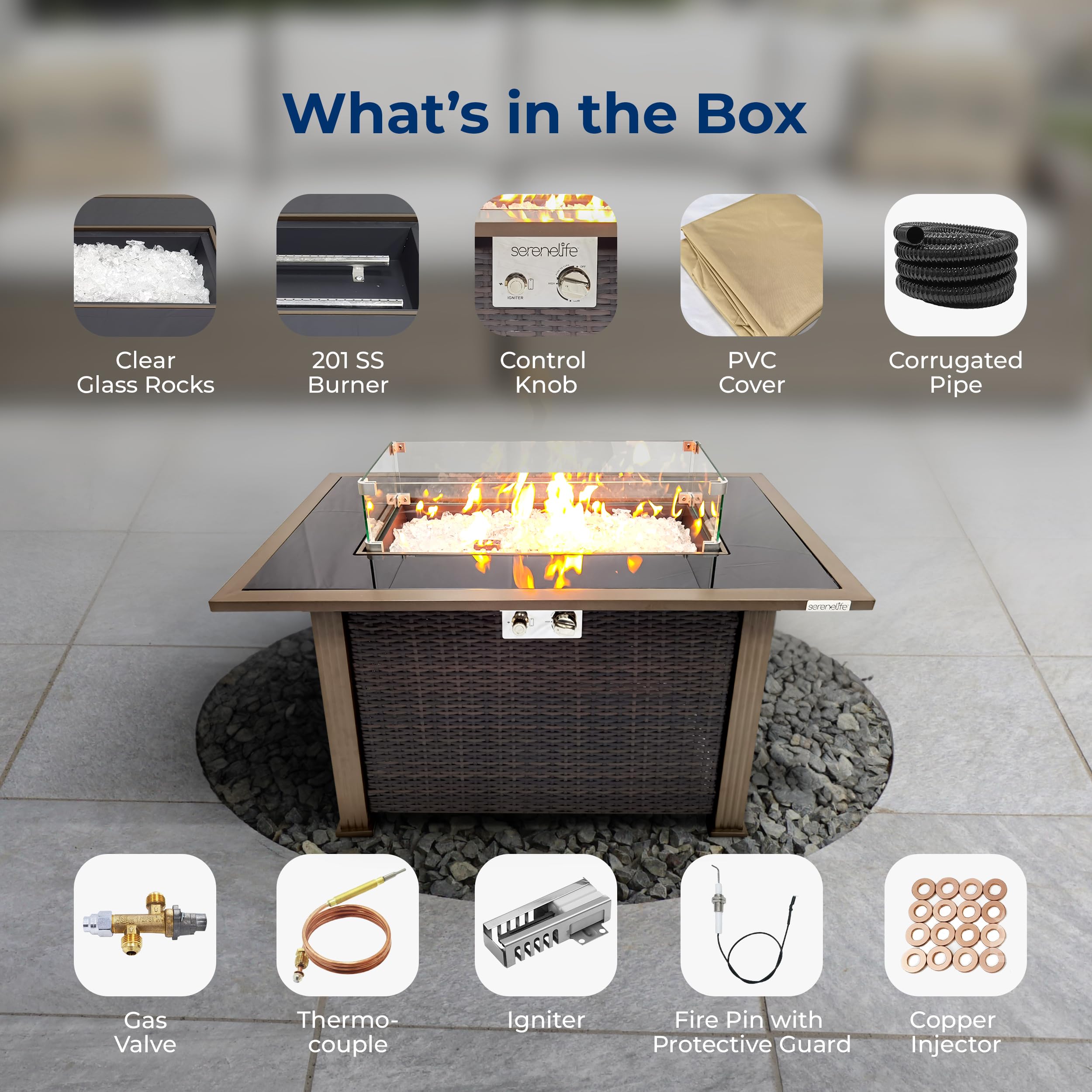 SereneLife 50,000 BTU Outdoor Propane Fire Pit Table with Auto-Ignition - Black Tempered Glass Top & Wind Guard for Patio, Backyard, Garden (Includes Clear Glass Rocks) | Perfect for Outdoor Gatherings, Camping & Relaxation