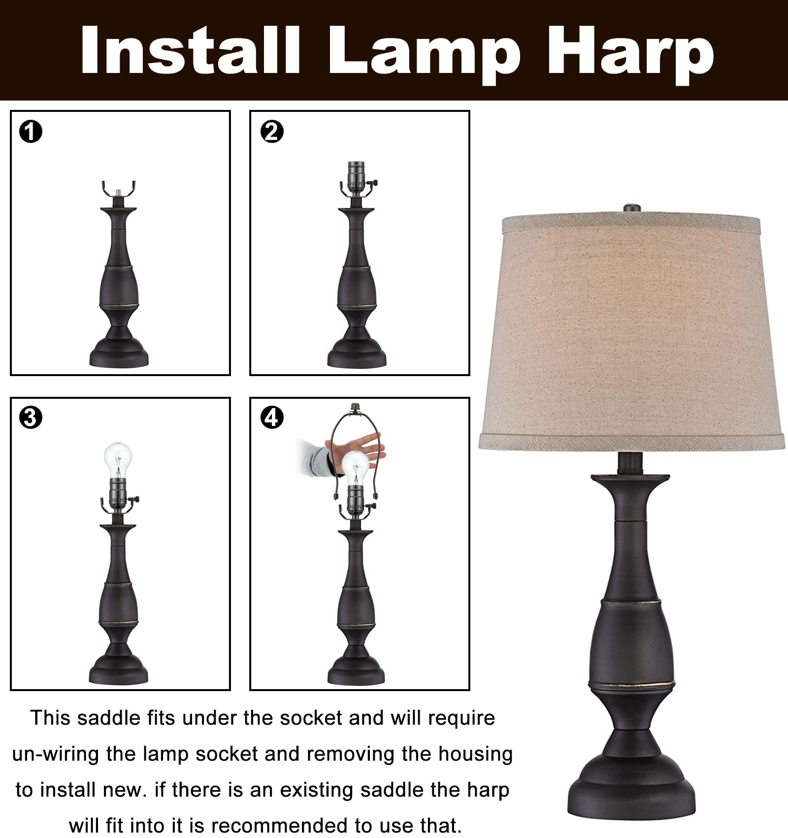 8 Inch Bronze Lamp Shade Harp Holder - 2 Pack Heavy Duty Detachable Lamp Shade Bracket with 3/8