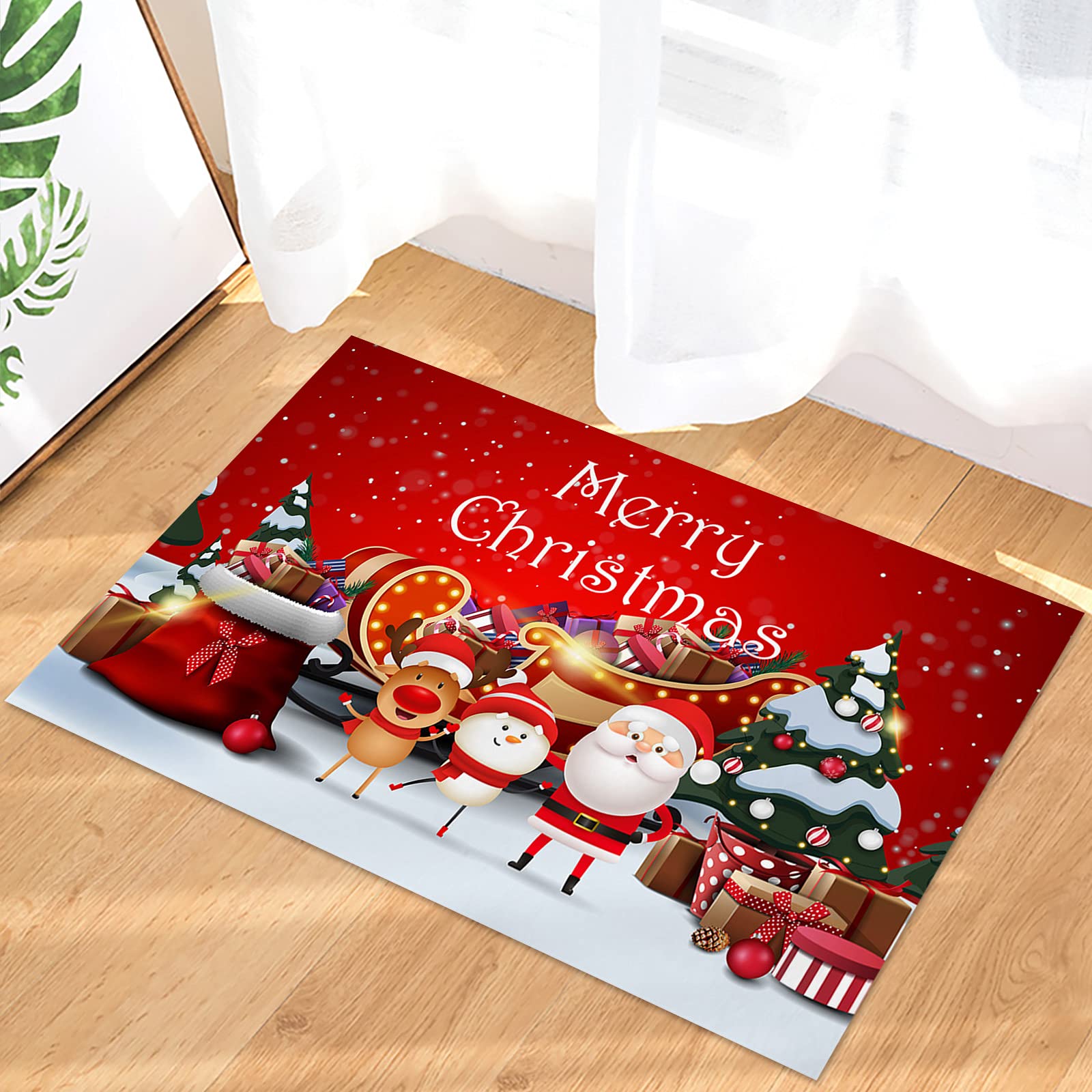 Christmas Doormat 18x30 Inch - Festive Santa Elk with Gifts Sled Design, Non-Slip Anti-Fatigue Indoor Welcome Mat for Front Door, Kitchen & Bathroom | Holiday Home Decor for Christmas Party & Winter Welcome
