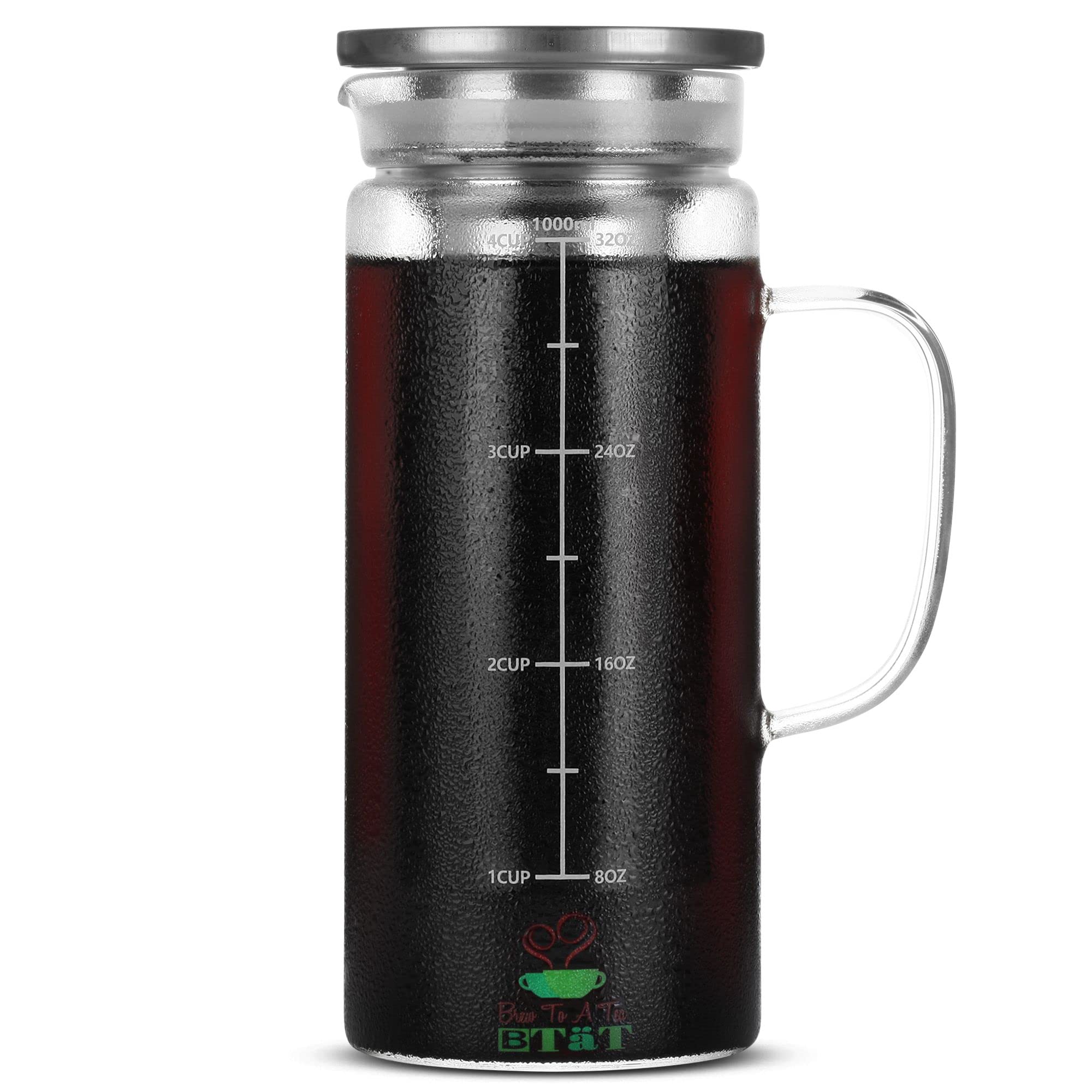 BTaT Cold Brew Coffee Maker & Iced Tea Pitcher - 32oz (1 Quart) Glass Carafe with Stainless Steel Filter - Perfect for Home, Office & Outdoor Use - Ideal for Iced Coffee, Cold Brew Tea & Refreshing Summer Drinks