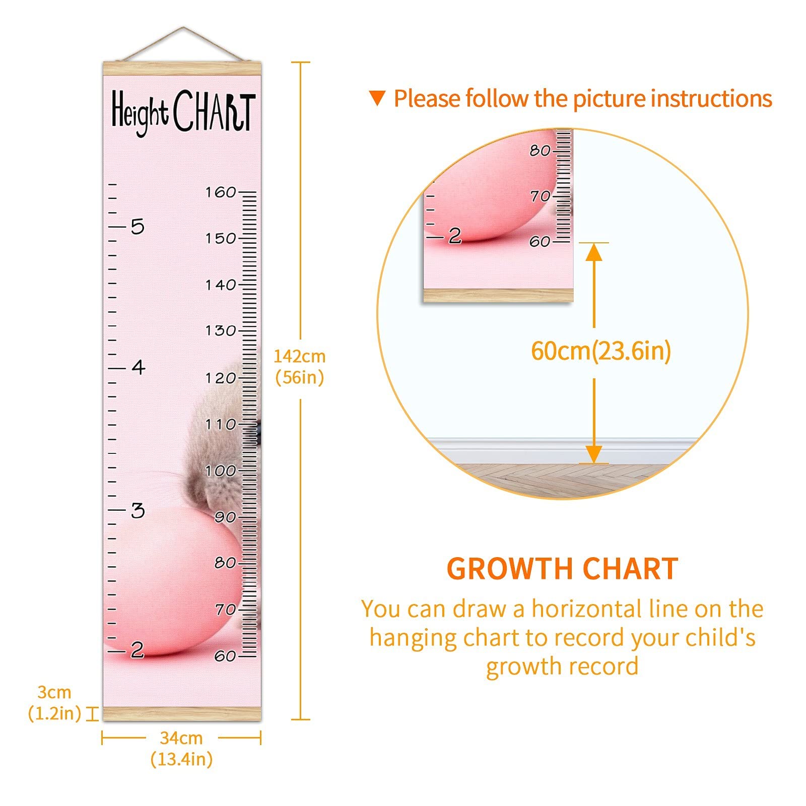 Wooden Kids Growth Chart Ruler - 13.4x56 Inch Wall Mounted Height Measure for Boys & Girls | Easter Rabbit Egg Design in Pink Linen | Perfect for Nursery, Bedroom Decor & Easter Gifts