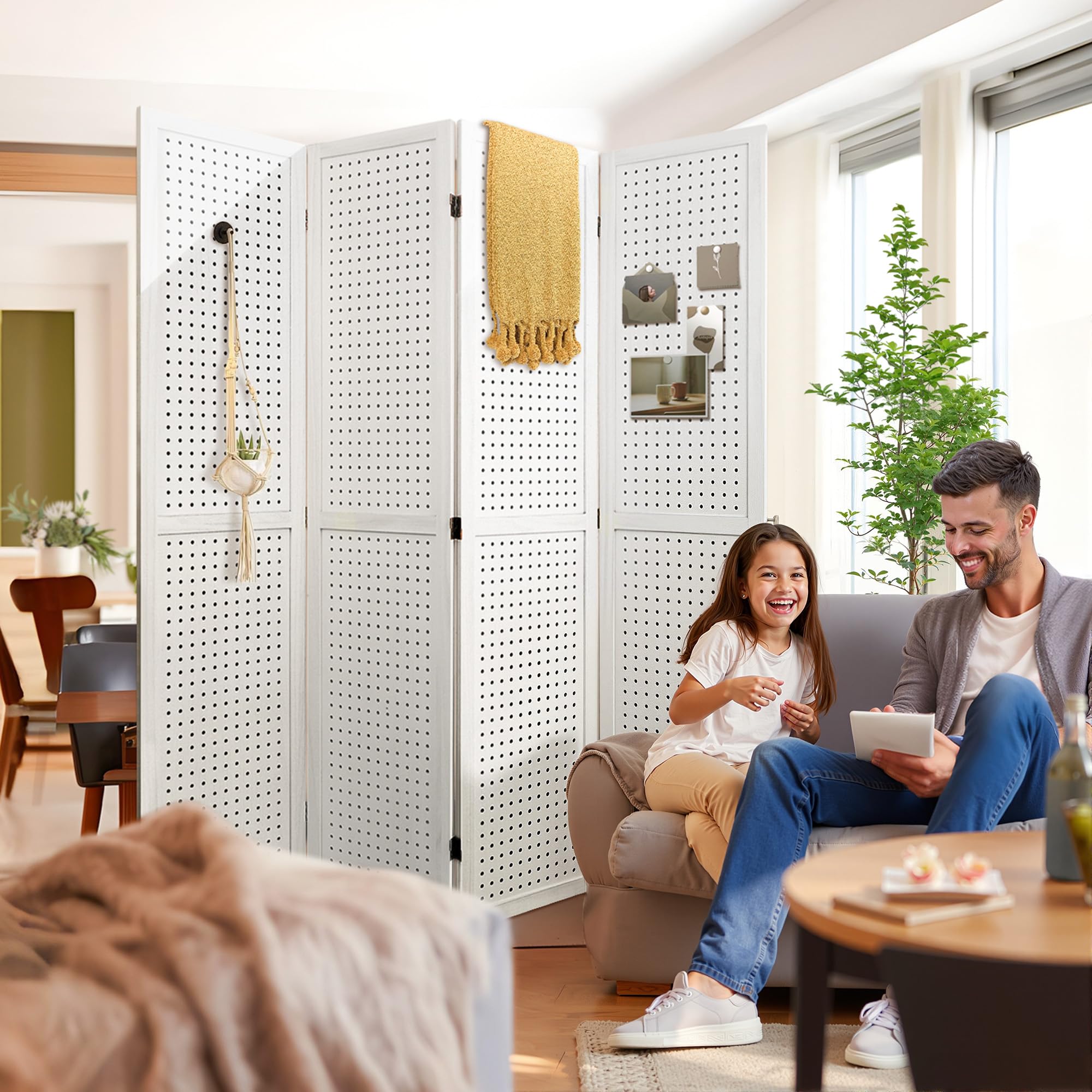5.6FT Folding Room Divider Panel - 4 Panel Pegboard Wood Partition Wall for Home Office, Craft Shows & Room Separation - White - Perfect for Home Decor, Trade Shows & Space Organization