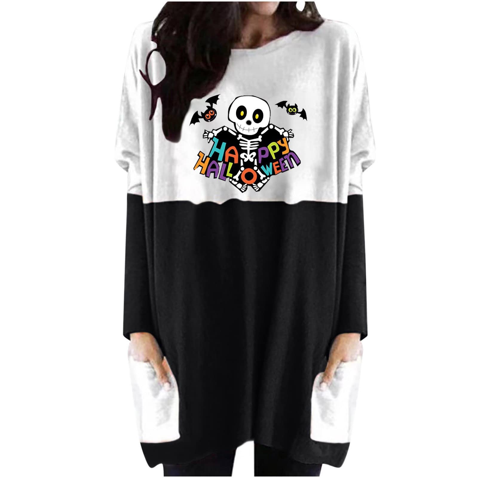 Halloween Dresses for Women - Long Sleeve Crew Neck Mini Shirt Dress with Trendy Print & Pocket | Loose Casual Fall Winter Outfit | Perfect for Halloween Parties, Costume Events & Seasonal Fashion