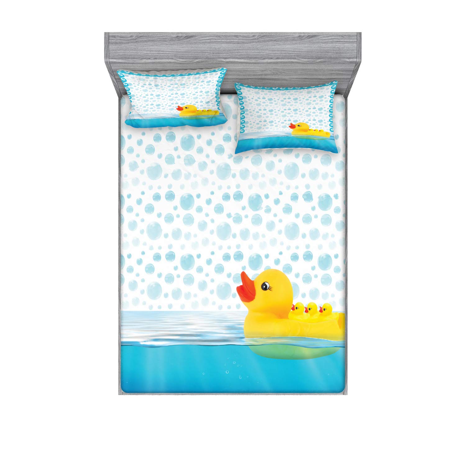 Ambesonne Yellow Duck Fitted Sheet & Pillow Sham Set - Funny Swimming Rubber Duck with Bubbles & Waves Print - 2-Piece Full Size Bedding Set in Sky Blue, Yellow & White - Perfect for Kids' Rooms, Nursery Decor or Whimsical Bedroom Themes