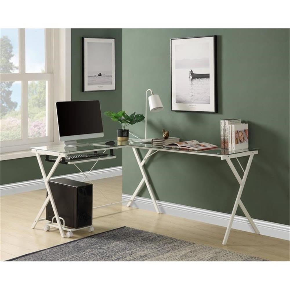 Acme Demas L-Shaped Glass Computer Desk with Holder - Clear & White Modern Office Desk for Home & Workspace | Perfect for Small Spaces, Gaming Setup & Remote Work
