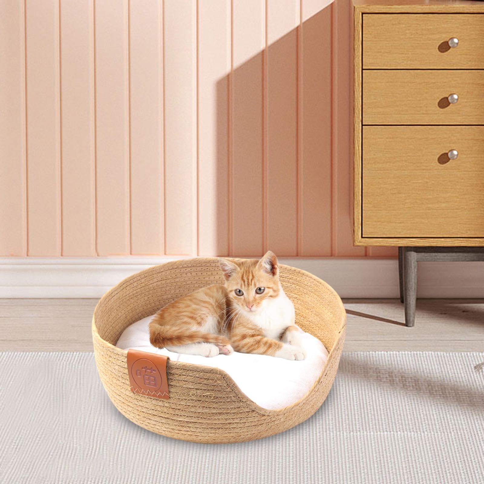 Cozy Straw Weave Pet Bed - Round Cat & Dog Bed with Removable Cushion for Kittens, Puppies & Rabbits | Perfect for Living Room, Bedroom & Pet Napping Areas