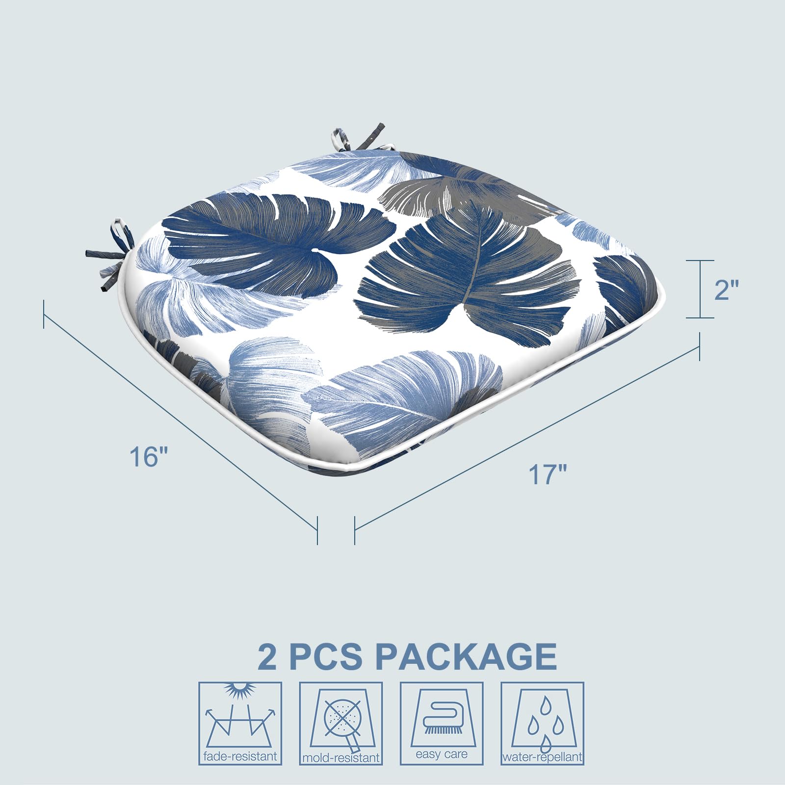 LVTXIII Indoor/Outdoor Chair Cushions with Ties - 16x17 Inch Patio Seat Pads (2 Pack) - Waterproof Garden Furniture Cushions for Patio, Deck, Balcony & Home Office - Tropical Leaf Design