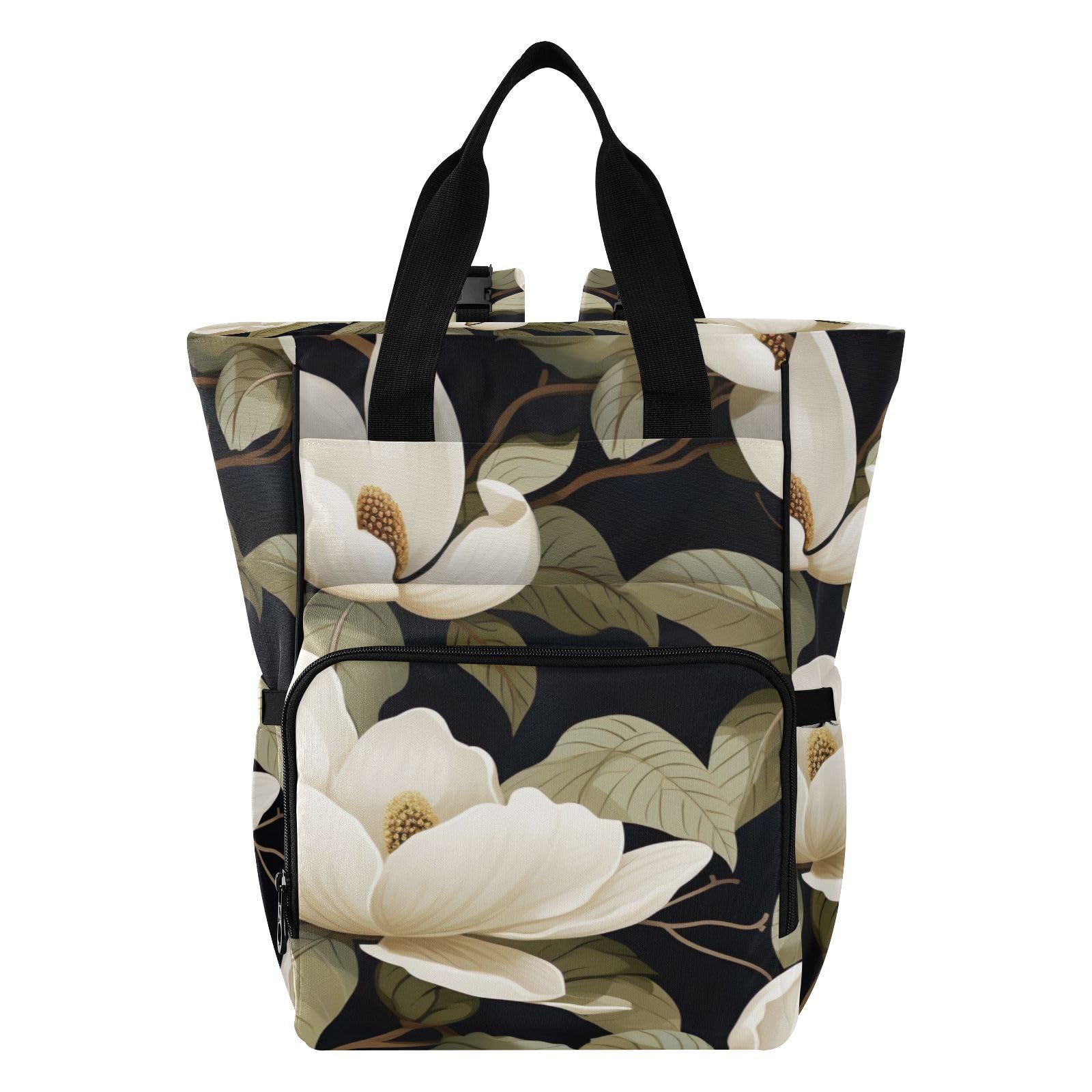 SPRIPORT White Magnolia Flower Diaper Backpack for Baby Boys & Girls - Large Multifunctional Travel Tote with Stroller Straps & Bottle Storage - Perfect for Moms Traveling, Shopping, Hiking & Outdoor Activities