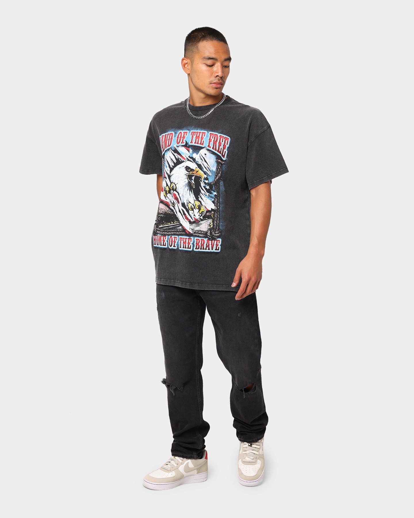 Vintage American Thrift 'Land Of The Free' T-Shirt - Distressed Black Wash Style for Casual Wear & Patriotic Outfits