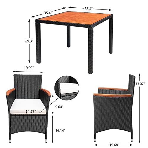 Devoko 5-Piece Outdoor Patio Furniture Set - Acacia Wood Top & Rattan Dining Table with Chairs for Backyard, Garden, Deck - Black | Perfect for Outdoor Entertaining, BBQ Parties, and Relaxing in Your Yard