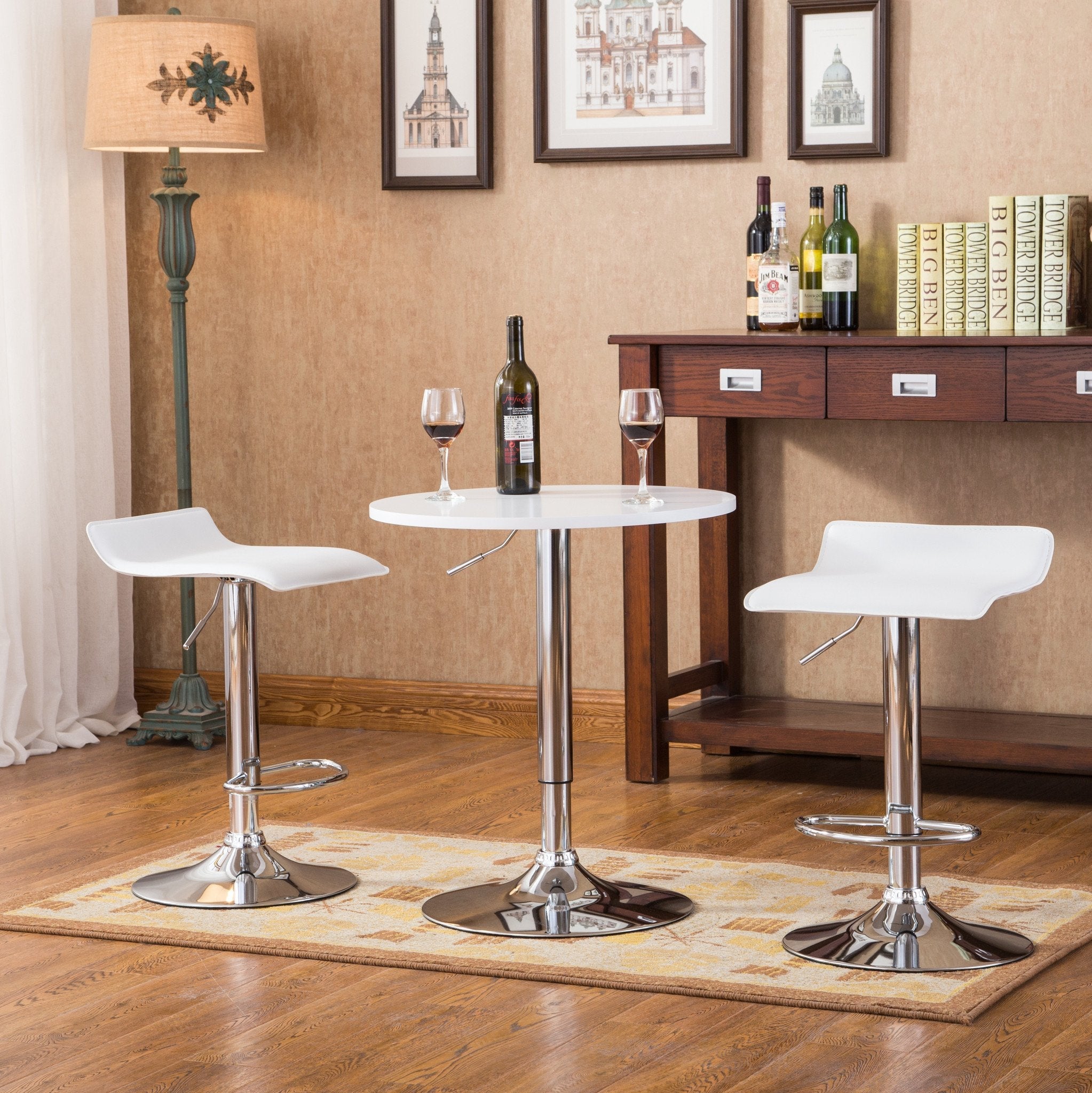 Baxton 3-Piece Adjustable Height White Bar Table Set - Modern Kitchen Island Stool Set for Dining, Entertaining & Small Spaces