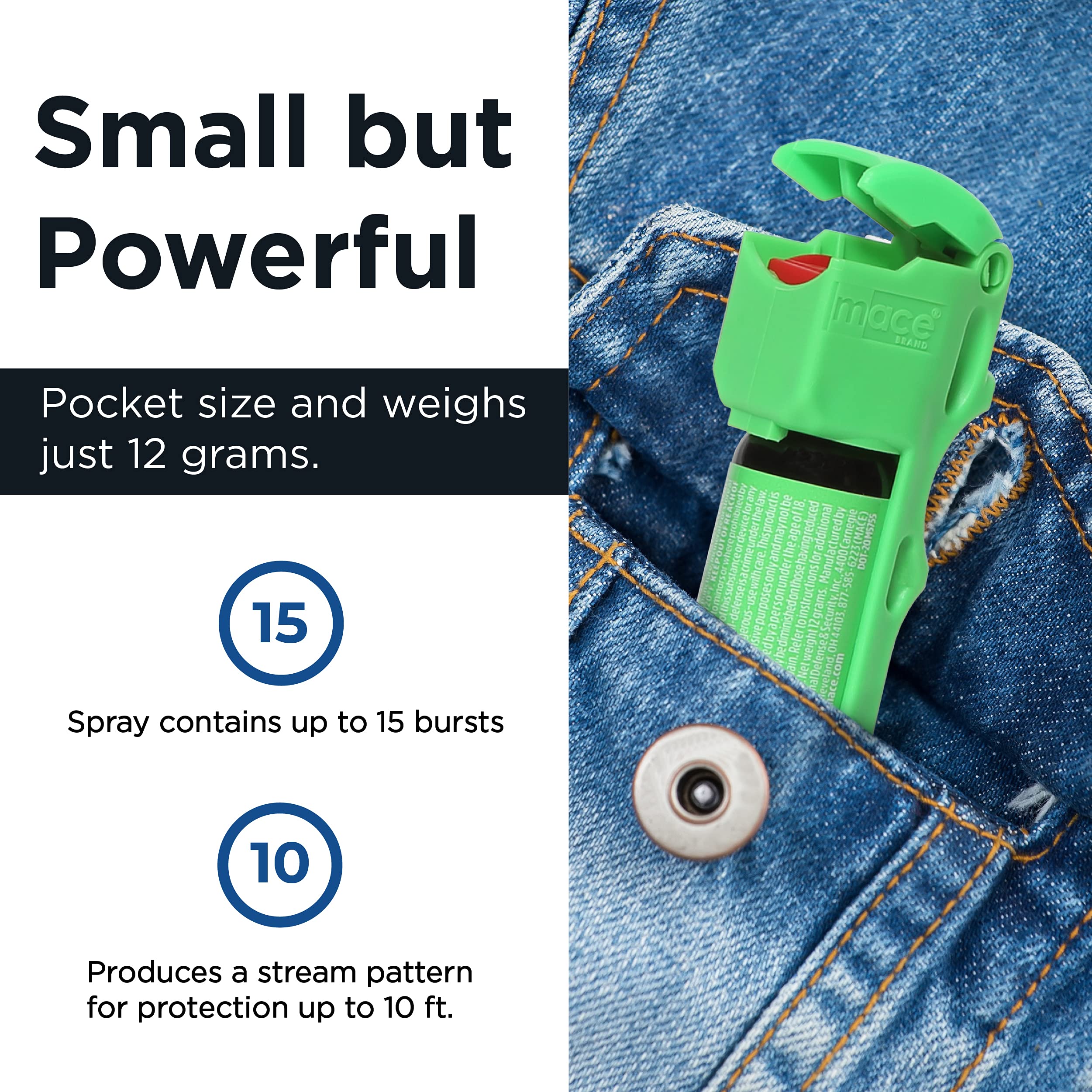 Mace Brand Pocket Pepper Spray (Neon Green) – 10’ Powerful Self Defense Spray with Flip Top Safety Cap & UV Dye – Compact, Accurate Protection for Jogging, Hiking & Night Safety