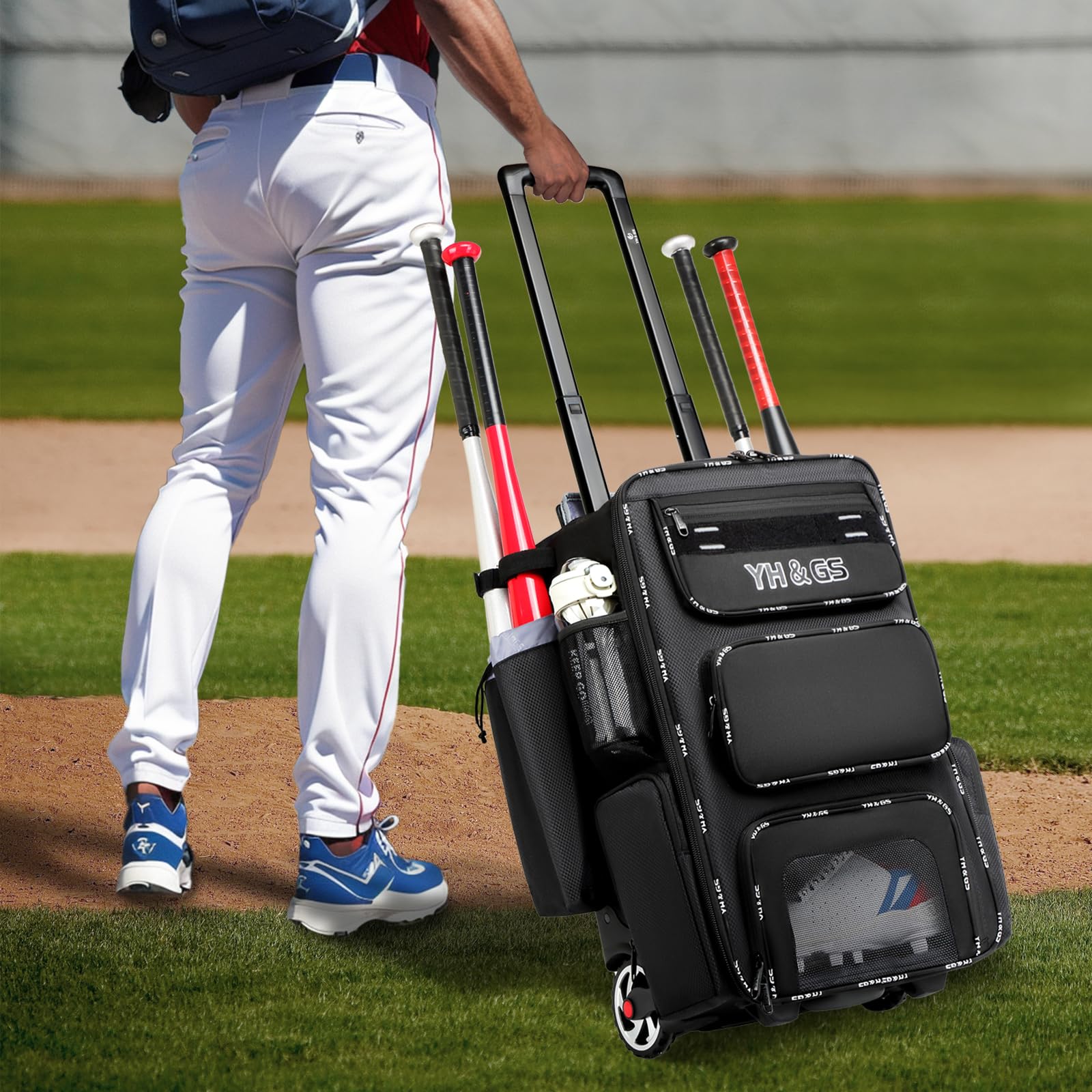 **Rolling Baseball Bag with Wheels - Lightweight Wheeled Softball Equipment Bag for T-Ball & Baseball, Includes Fence Hook & Shoe Compartment - Perfect for Travel, Practice & Games**