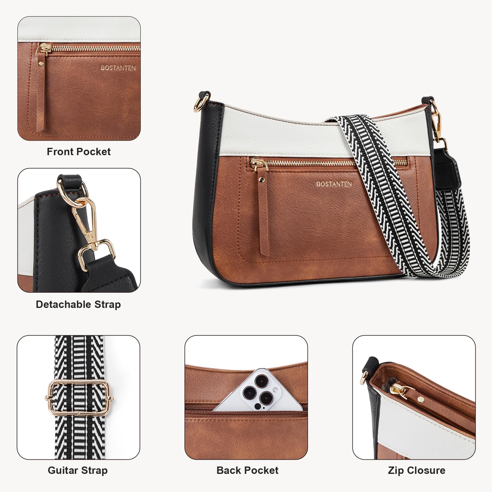 BOSTANTEN Vegan Leather Crossbody Bags for Women - Stylish Hobo Shoulder Purse with Detachable Guitar Strap | Perfect for Work, Travel & Everyday Use