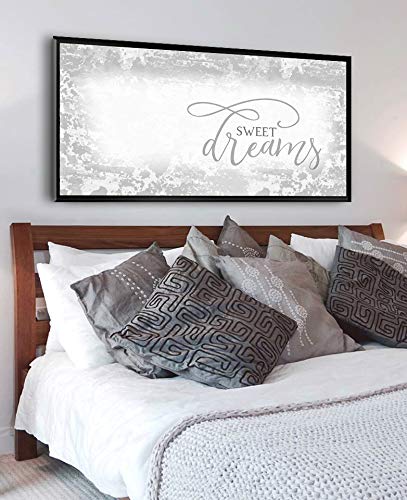 Sweet Dreams Wall Art Decor - Large Framed Canvas for Master Bedroom, Above Bed Sign (Grey & Black Floating Frame 42x19) - Perfect for Home Decor, Housewarming Gifts & Cozy Bedroom Aesthetics