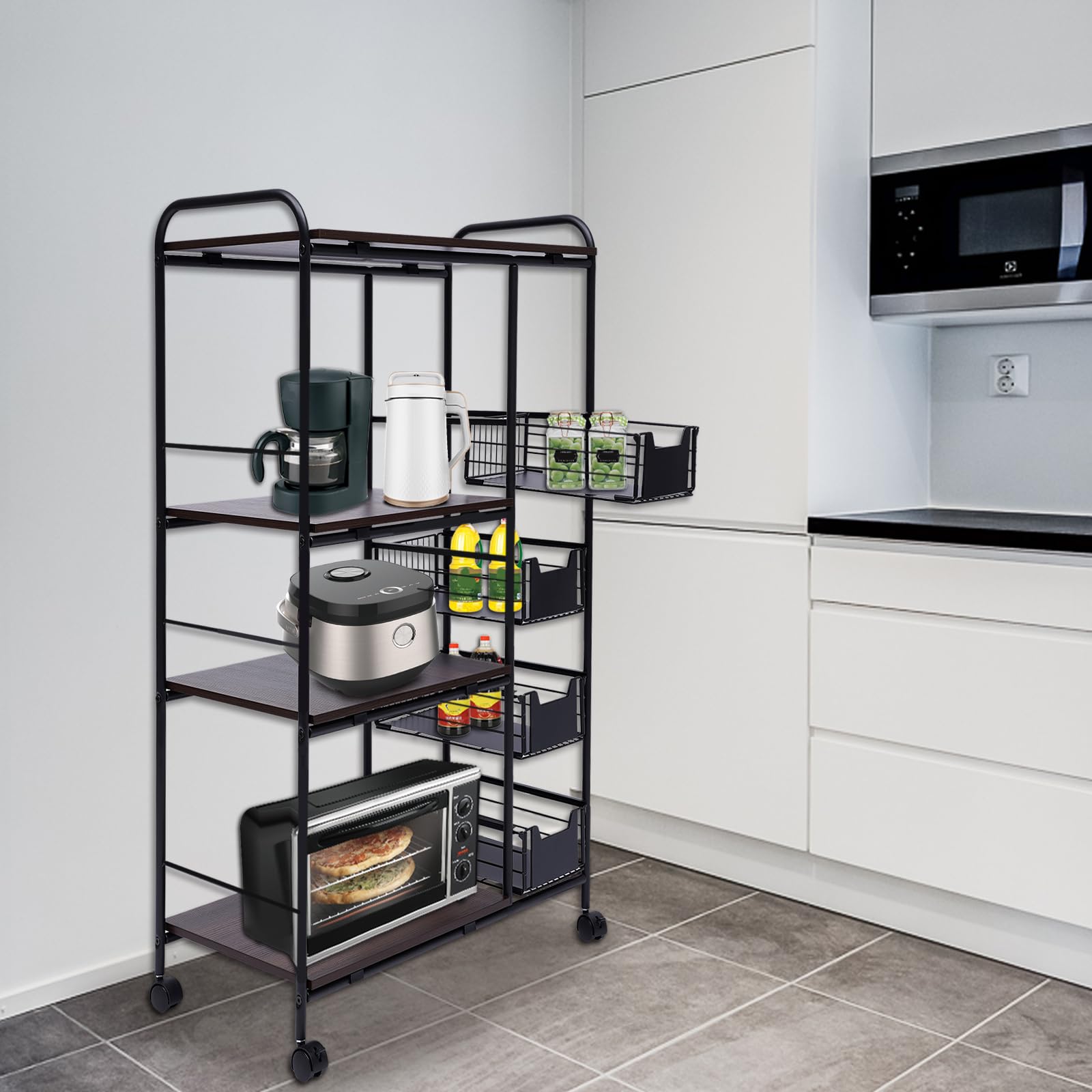 4-Tier Rolling Kitchen Storage Shelf with 4 Push-Pull Drawers & Wheels - Metal Utility Cart for Fruits, Vegetables & Home Organization - Perfect for Pantry, Supermarket & Restaurant Storage