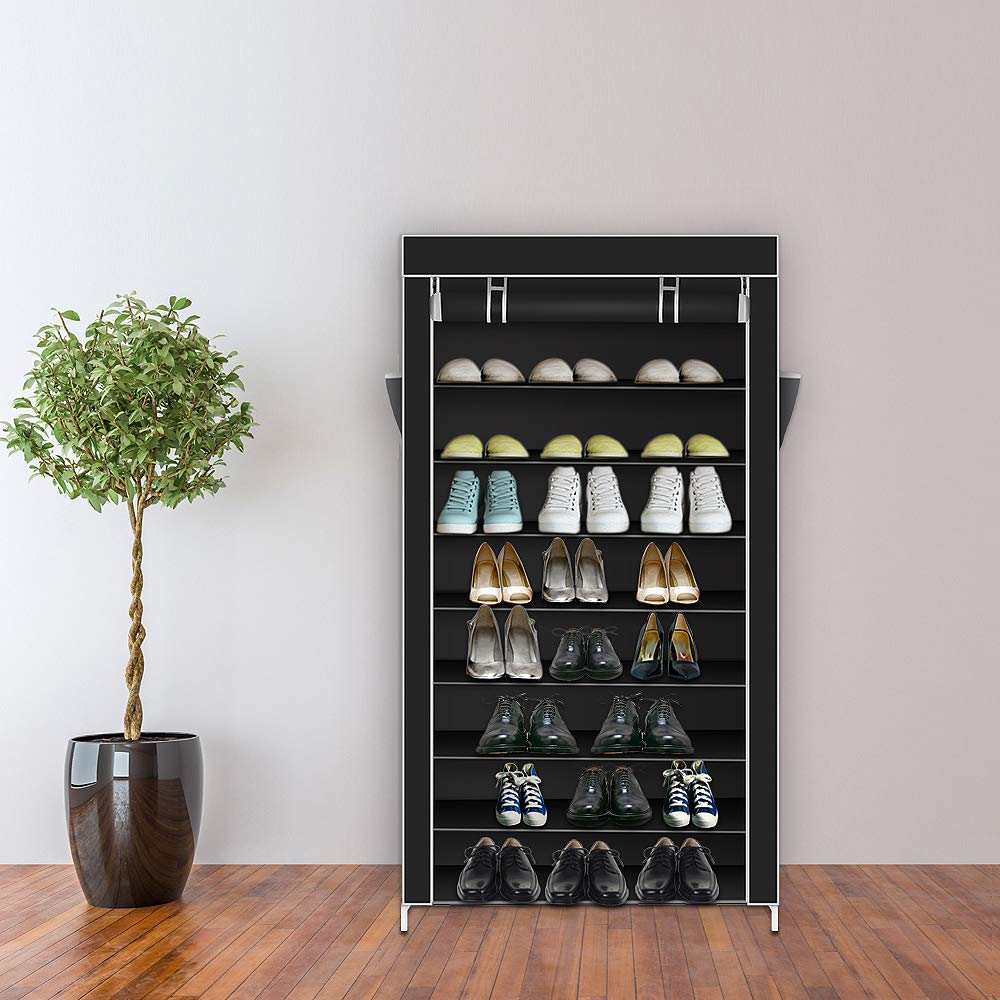 10-Tier Shoe Rack Organizer - Large Space-Saving Shoe Storage Cabinet with Dustproof Cover, Non-Woven Fabric Stackable Shelf with Pockets & Zipper - Perfect for Closet, Entryway, Bedroom (Black)